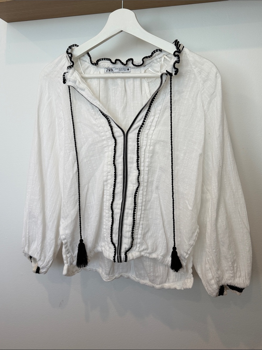 Zara White Peasant Blouse with Black Trim and Tassels
